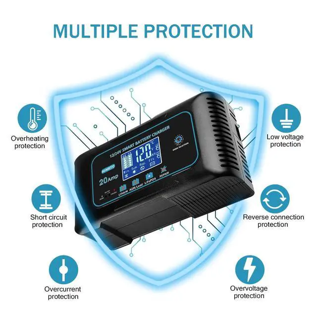 Alt view image 6 of 6 - 20-Amp Smart Battery Charger (Lithium LiFePO4 & Lead-Acid), 12V/24V Rapid Automotive Car Charger with Temperature Compensation - Trickle Maintainer for Boat, Truck, RV, Lawn Mower, Marine