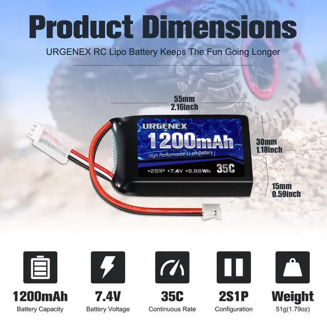 Alt view image 2 of 6 - SCX24 Battery 7.4V Lipos 2S 35C(Burst 70C) 1200mAh Rechargeable Lithium Battery with PH2.0 Plug Compatible with Most 1/10, 1/16, 1/18, 1/24 Scale RC Cars Trucks