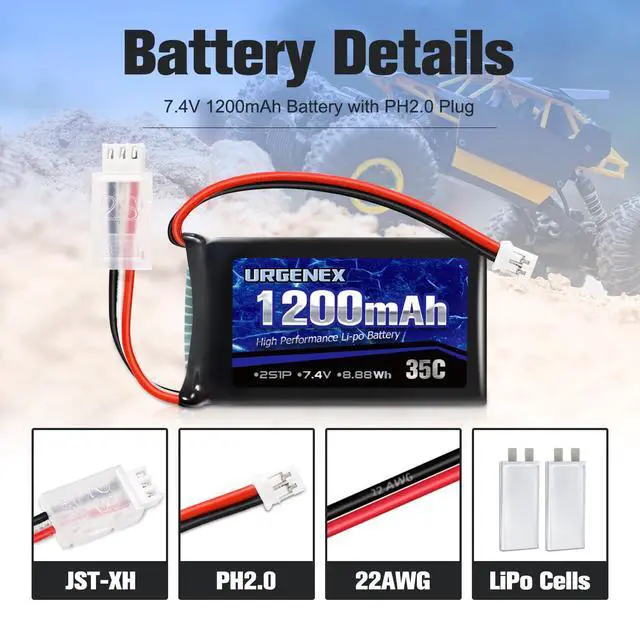 Alt view image 3 of 6 - SCX24 Battery 7.4V Lipos 2S 35C(Burst 70C) 1200mAh Rechargeable Lithium Battery with PH2.0 Plug Compatible with Most 1/10, 1/16, 1/18, 1/24 Scale RC Cars Trucks