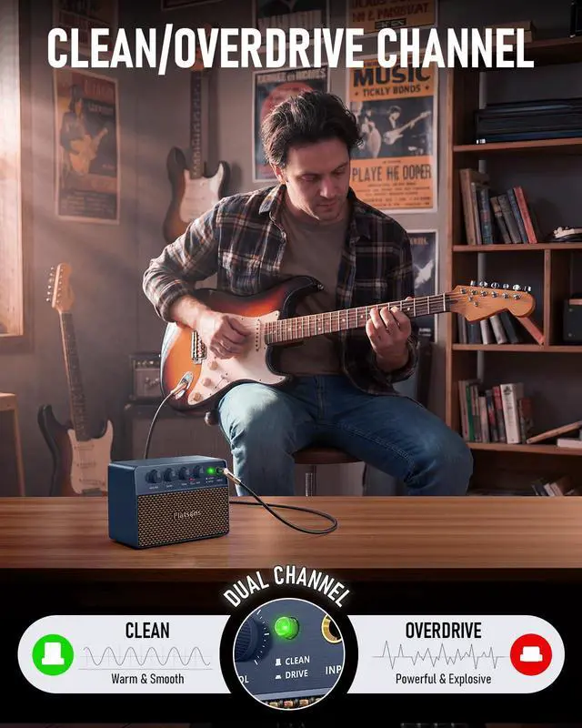 Alt view image 3 of 7 - FBA-10 Guitar Amplifier, Drive/Clean Tone Electric Guitars Amp, 10W Mini Portable Amp with Type-C Rechargeable Battery 6H Work, Wireless Vintage Guitar Speaker for Practice Travel (Blue)