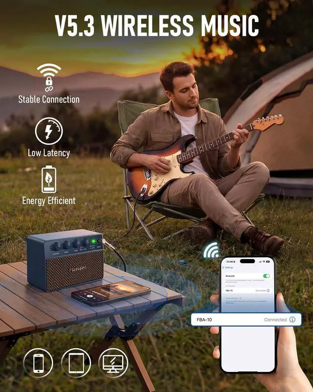 Alt view image 6 of 7 - FBA-10 Guitar Amplifier, Drive/Clean Tone Electric Guitars Amp, 10W Mini Portable Amp with Type-C Rechargeable Battery 6H Work, Wireless Vintage Guitar Speaker for Practice Travel (Blue)