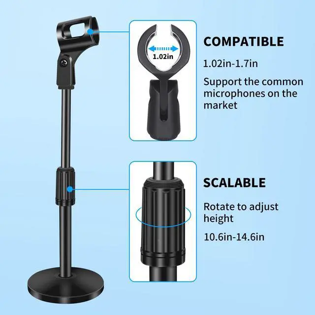 Alt view image 5 of 7 - 2 Pack Small Microphone Stand Desk, Desktop Mic Stand Adjustable Microphone Holder Lightweight Table Mic Stand with Mic Clip for Blue Yeti Shure Microphone, without Microphone