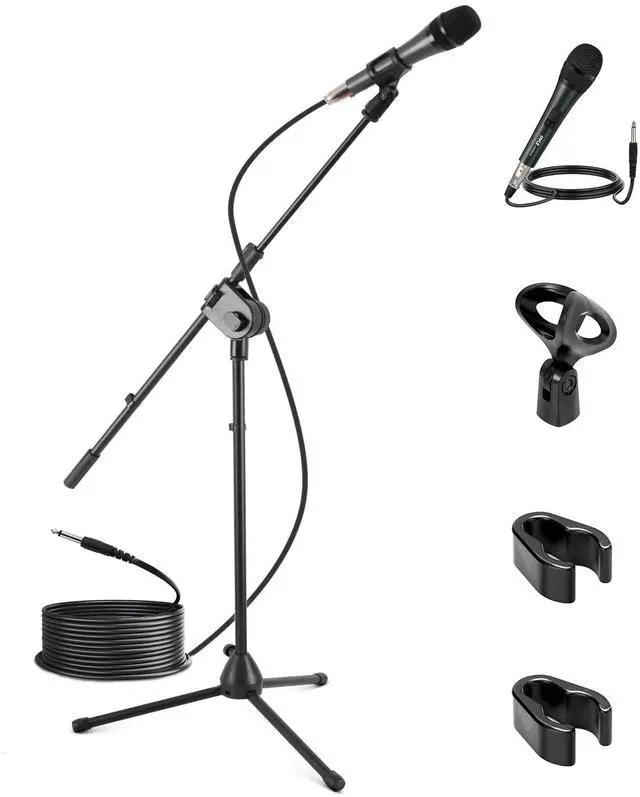 Main image of Dynamic Microphone and Tripod Stand-Height Adjustable from 2.6' to 5.1 Telescoping Boom Arm Mic Length 7.48'' Inch w/Acoustic Pop Filter-Includes 15' ft XLR Cable PMKSM20, Black