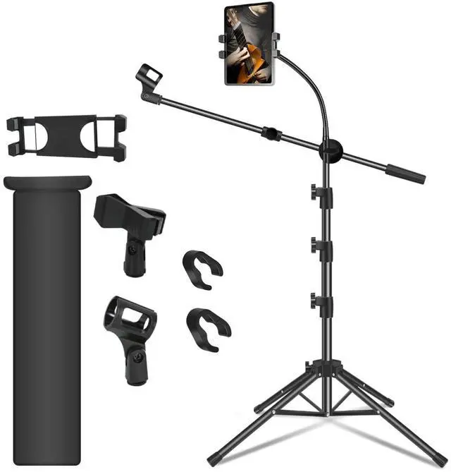 Main image of Mic Stand, Microphone Stand Floor Boom Mic Stand with Tablet Phone Holder Height Adjustable Four-legged Stand Gooseneck Boom Arm with 2 Mic Clips for Singing Stage Performance Party