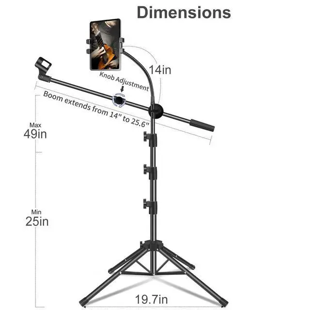 Alt view image 2 of 6 - Mic Stand, Microphone Stand Floor Boom Mic Stand with Tablet Phone Holder Height Adjustable Four-legged Stand Gooseneck Boom Arm with 2 Mic Clips for Singing Stage Performance Party