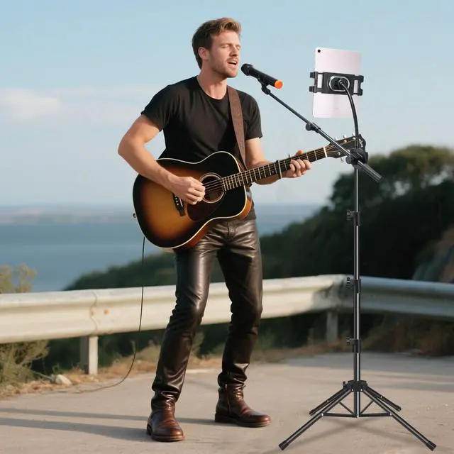 Alt view image 4 of 6 - Mic Stand, Microphone Stand Floor Boom Mic Stand with Tablet Phone Holder Height Adjustable Four-legged Stand Gooseneck Boom Arm with 2 Mic Clips for Singing Stage Performance Party