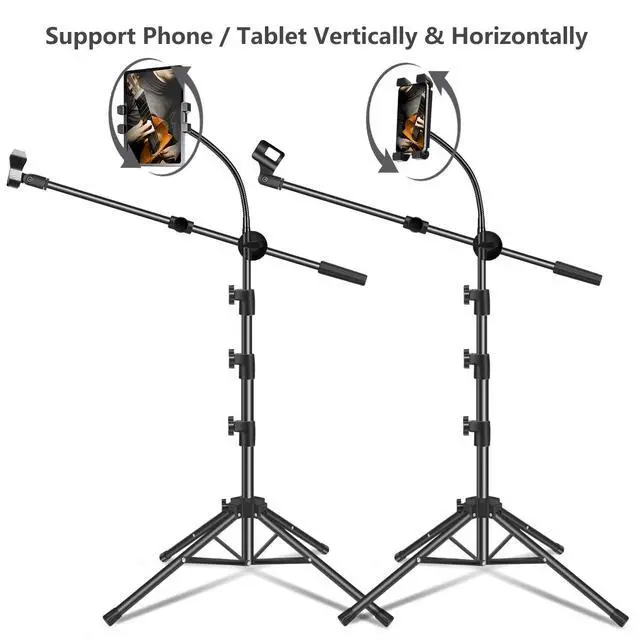 Alt view image 5 of 6 - Mic Stand, Microphone Stand Floor Boom Mic Stand with Tablet Phone Holder Height Adjustable Four-legged Stand Gooseneck Boom Arm with 2 Mic Clips for Singing Stage Performance Party