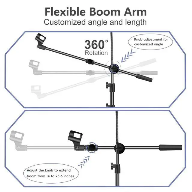 Alt view image 6 of 6 - Mic Stand, Microphone Stand Floor Boom Mic Stand with Tablet Phone Holder Height Adjustable Four-legged Stand Gooseneck Boom Arm with 2 Mic Clips for Singing Stage Performance Party