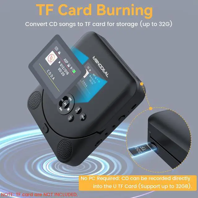 Alt view image 6 of 7 - CD Player Portable, Bluetooth CD Player with Speakers and FM Transmitter,Support TF Card,Rechargeable Player for Car/Home with 2.0 TFT Screen