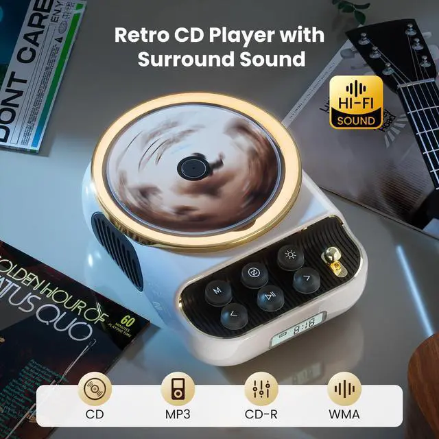 Alt view image 3 of 7 - Retro Portable CD Players with Bluetooth Speakers, FM Radio, Night Light, LCD Display, 4000 mAh Battery, Vintage Radio Built in Dual Speakers Supports USB/AUX/Type-C for Home, (White)