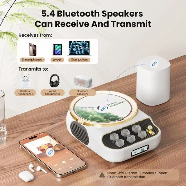 Alt view image 4 of 7 - Retro Portable CD Players with Bluetooth Speakers, FM Radio, Night Light, LCD Display, 4000 mAh Battery, Vintage Radio Built in Dual Speakers Supports USB/AUX/Type-C for Home, (White)