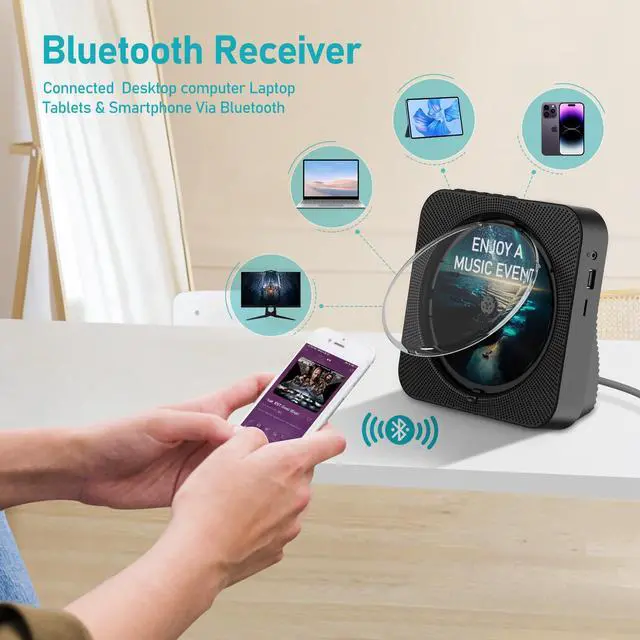 Alt view image 4 of 6 - CD Player Bluetooth Desktop CD Player with Speakers for Home Portable Music CD Players with RC, LED Display, FM Radio, Timer, Support Headphone/USB/TF/AUX Playback