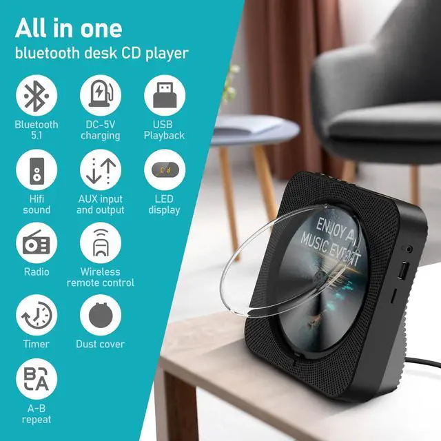 Alt view image 6 of 6 - CD Player Bluetooth Desktop CD Player with Speakers for Home Portable Music CD Players with RC, LED Display, FM Radio, Timer, Support Headphone/USB/TF/AUX Playback