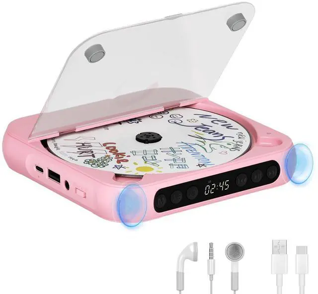 Main image of Portable CD Player with Bluetooth, Rechargeable CD Player for Home/Car, Built-in HiFi Speakers, Headphones, LCD Screen, Supports CD/AUX/USB and Repeat Modes, Pink