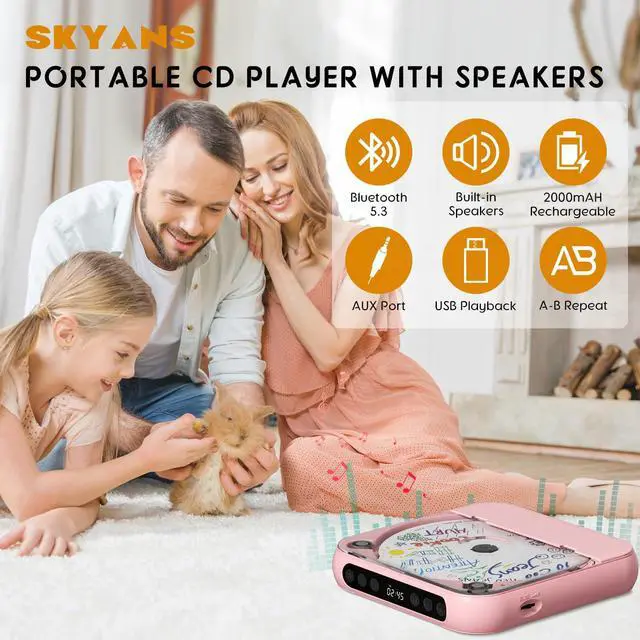 Alt view image 2 of 7 - Portable CD Player with Bluetooth, Rechargeable CD Player for Home/Car, Built-in HiFi Speakers, Headphones, LCD Screen, Supports CD/AUX/USB and Repeat Modes, Pink