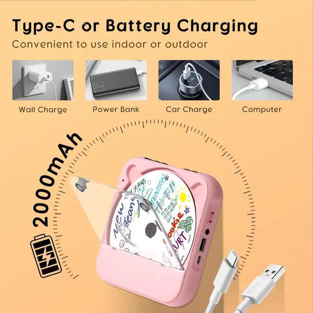 Alt view image 3 of 7 - Portable CD Player with Bluetooth, Rechargeable CD Player for Home/Car, Built-in HiFi Speakers, Headphones, LCD Screen, Supports CD/AUX/USB and Repeat Modes, Pink