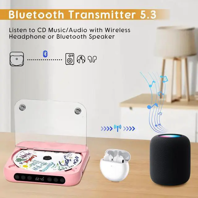 Alt view image 5 of 7 - Portable CD Player with Bluetooth, Rechargeable CD Player for Home/Car, Built-in HiFi Speakers, Headphones, LCD Screen, Supports CD/AUX/USB and Repeat Modes, Pink