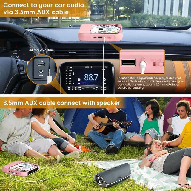 Alt view image 4 of 7 - Portable CD Player with Bluetooth, Rechargeable CD Player for Home/Car, Built-in HiFi Speakers, Headphones, LCD Screen, Supports CD/AUX/USB and Repeat Modes, Pink