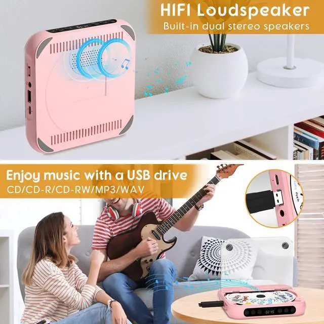 Alt view image 6 of 7 - Portable CD Player with Bluetooth, Rechargeable CD Player for Home/Car, Built-in HiFi Speakers, Headphones, LCD Screen, Supports CD/AUX/USB and Repeat Modes, Pink