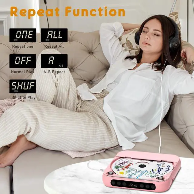 Alt view image 7 of 7 - Portable CD Player with Bluetooth, Rechargeable CD Player for Home/Car, Built-in HiFi Speakers, Headphones, LCD Screen, Supports CD/AUX/USB and Repeat Modes, Pink