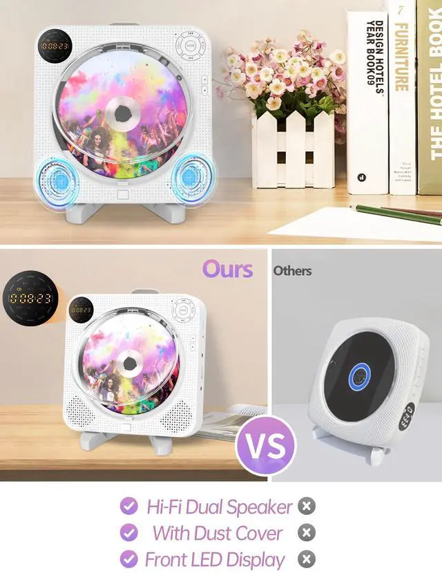 Alt view image 2 of 7 - Home CD Player with Speakers, Bluetooth CD Player Portable with Remote Control FM Radio Digital Screen Headphone Jack,Wall CD Music Player Support AUX in Cable&USB