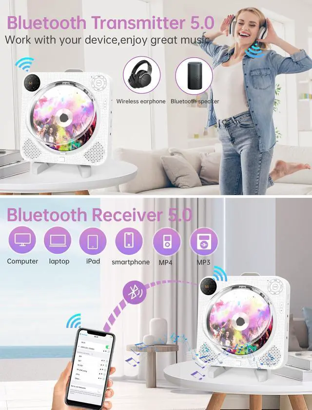 Alt view image 3 of 7 - Home CD Player with Speakers, Bluetooth CD Player Portable with Remote Control FM Radio Digital Screen Headphone Jack,Wall CD Music Player Support AUX in Cable&USB