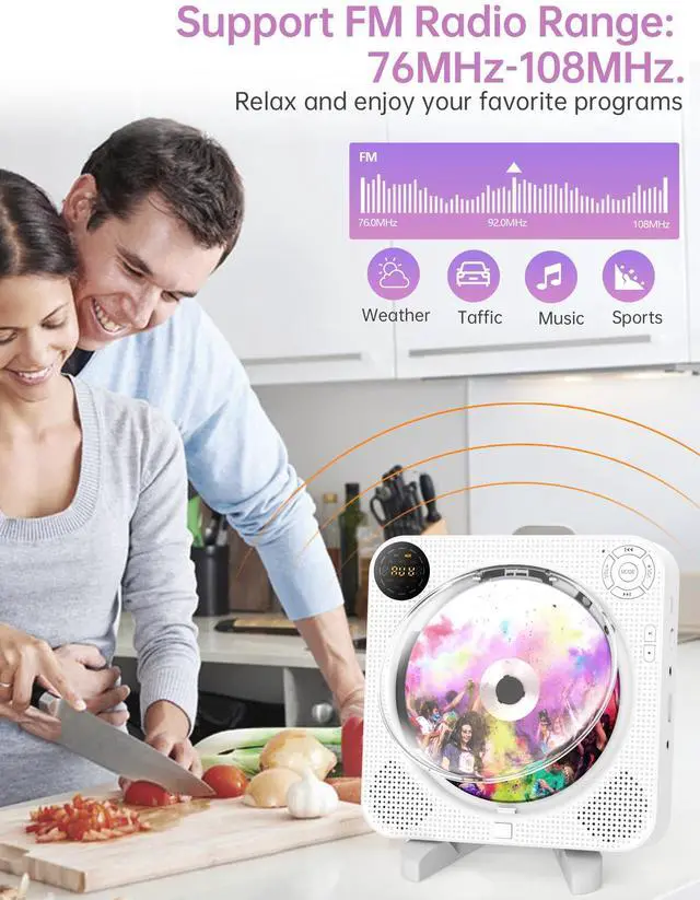 Alt view image 5 of 7 - Home CD Player with Speakers, Bluetooth CD Player Portable with Remote Control FM Radio Digital Screen Headphone Jack,Wall CD Music Player Support AUX in Cable&USB