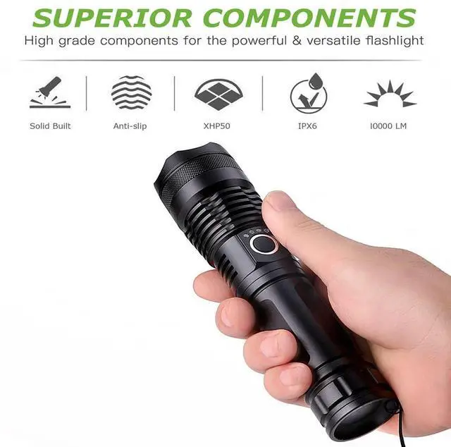 Alt view image 2 of 6 - LED Flashlights, 10000 Lumen Super Bright Tactical Flashlight, Rechargeable Flash Light, 5 Modes Zoomable Waterproof Flash Lights for Emergency, Camping, Hiking, Outdoor, Home
