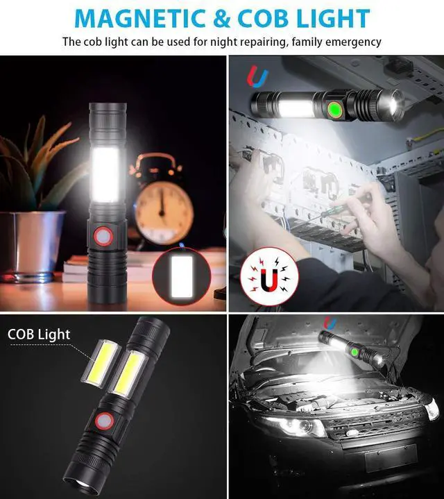 Alt view image 2 of 7 - Rechargeable Tactical Flashlight, USB Magnetic Flashlights with COB Flash Light - 4 Models, Zoomable, Waterproof, LED Tactical Flashlight High Lumen Bright for Indoor Outdoor Camping 2 Pack