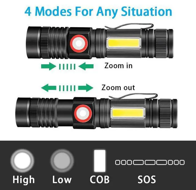 Alt view image 3 of 7 - Rechargeable Tactical Flashlight, USB Magnetic Flashlights with COB Flash Light - 4 Models, Zoomable, Waterproof, LED Tactical Flashlight High Lumen Bright for Indoor Outdoor Camping 2 Pack