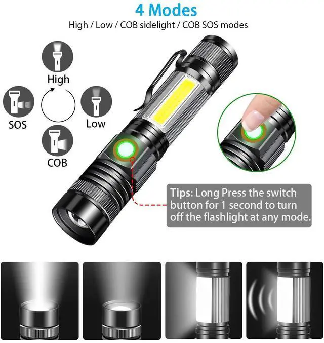 Alt view image 7 of 7 - Rechargeable Tactical Flashlight, USB Magnetic Flashlights with COB Flash Light - 4 Models, Zoomable, Waterproof, LED Tactical Flashlight High Lumen Bright for Indoor Outdoor Camping 2 Pack
