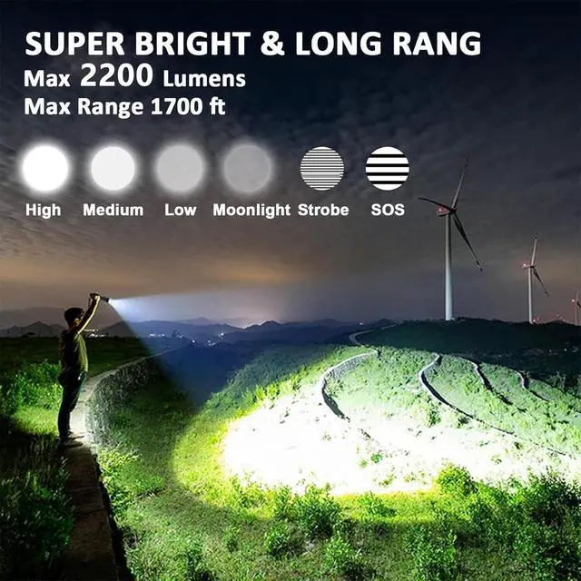 Alt view image 2 of 7 - Rechargeable Flashlights 2200 High lumens, Super Bright LED Tactical Flashlight, Zoomable, IPX6 Waterproof, 6 Modes, Powerful Handheld Flash Light for Emergencies, Camping, Hiking