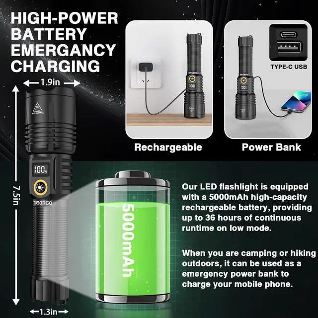 Alt view image 4 of 7 - Rechargeable Flashlights 2200 High lumens, Super Bright LED Tactical Flashlight, Zoomable, IPX6 Waterproof, 6 Modes, Powerful Handheld Flash Light for Emergencies, Camping, Hiking