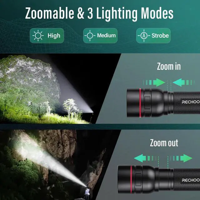 Alt view image 2 of 7 - Rechargeable Flashlights High Lumens, G1000 Super Bright Flash Light, Small Zoomable Led Flashlight with 3 Lighting Modes, Portable Tactical Flashlights for Camping (Battery Included)