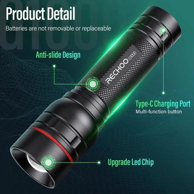 Alt view image 4 of 7 - Rechargeable Flashlights High Lumens, G1000 Super Bright Flash Light, Small Zoomable Led Flashlight with 3 Lighting Modes, Portable Tactical Flashlights for Camping (Battery Included)