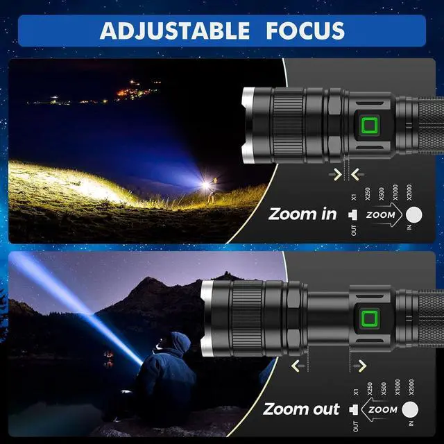 Alt view image 3 of 7 - Rechargeable Tactical Flashlight 6000 Lumens 2 Pack, Brightest LED Rechargeable Flashlights with 3 Modes & Zoomable, Waterproof Flashlight for Camping Hiking Emergency