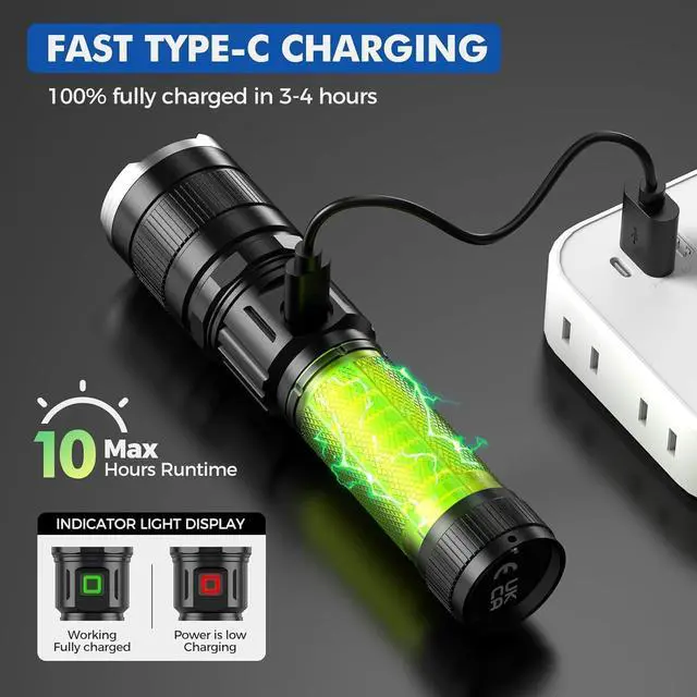 Alt view image 4 of 7 - Rechargeable Tactical Flashlight 6000 Lumens 2 Pack, Brightest LED Rechargeable Flashlights with 3 Modes & Zoomable, Waterproof Flashlight for Camping Hiking Emergency