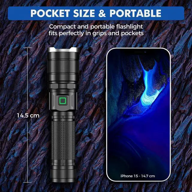 Alt view image 6 of 7 - Rechargeable Tactical Flashlight 6000 Lumens 2 Pack, Brightest LED Rechargeable Flashlights with 3 Modes & Zoomable, Waterproof Flashlight for Camping Hiking Emergency