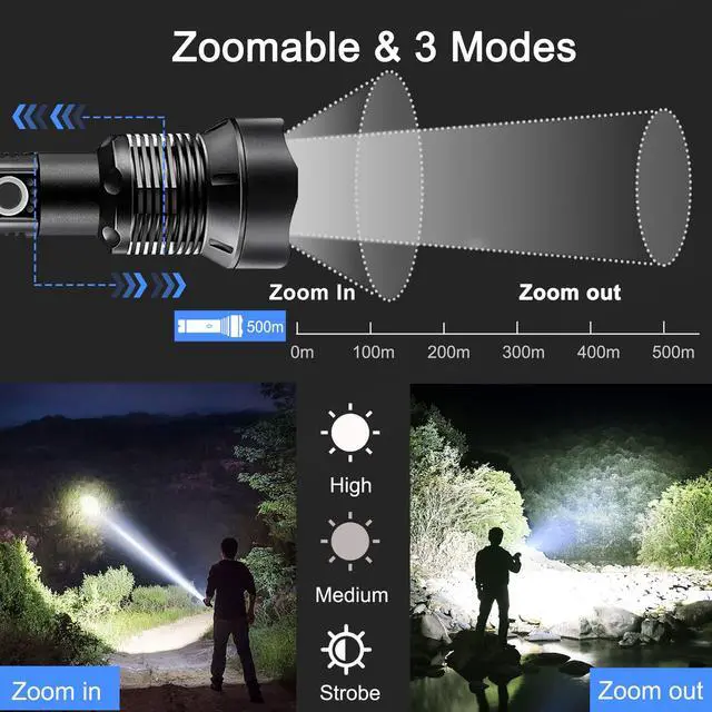 Alt view image 3 of 7 - Rechargeable LED Flashlights, 100000 High Lumens Super Bright Flashlights with 5 Modes Waterproof Zoomable Flash Light for Outdoor Emergency