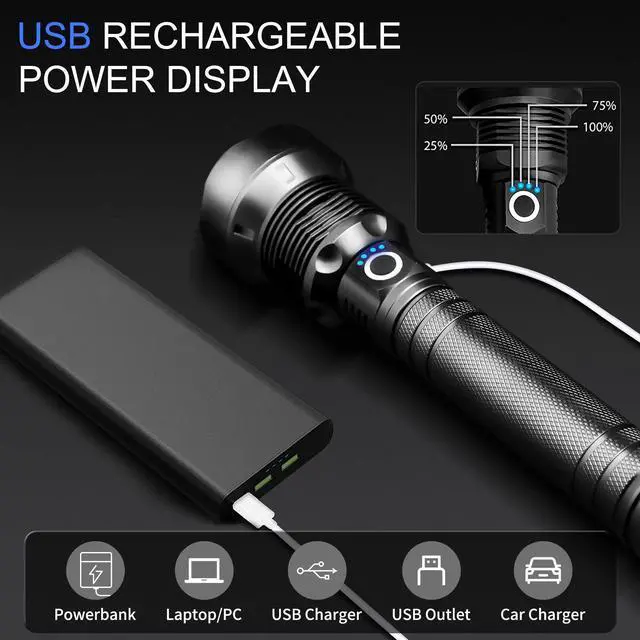 Alt view image 4 of 7 - Rechargeable LED Flashlights, 100000 High Lumens Super Bright Flashlights with 5 Modes Waterproof Zoomable Flash Light for Outdoor Emergency