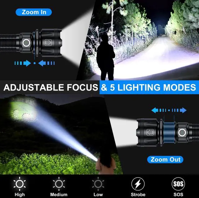 Alt view image 3 of 7 - Flashlights High Lumens, 1800,000 Lumens Super Bright Rechargeable Flashlight with 5 Light Modes, Zoomable, IP67 Waterproof, Led Flashlight for Home Emergencies Camping