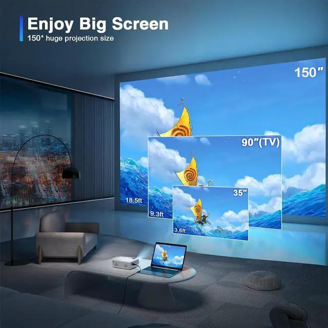 Alt view image 6 of 7 - Jicheng Mini Projector with Wifi and Bluetooth, 4K Supported Smart Portable Projecteur with M8 for iOS/Android/TV Stick/HDMI/USB/Laptop/PS5,White