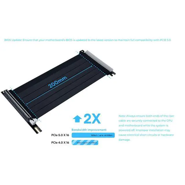 Alt view image 2 of 7 - Lian-Li PCIE 5.0 Riser Cable Premium PCI-E 16X 5.0 Double Bandwidth Extender Riser Cable: 200mm, Black