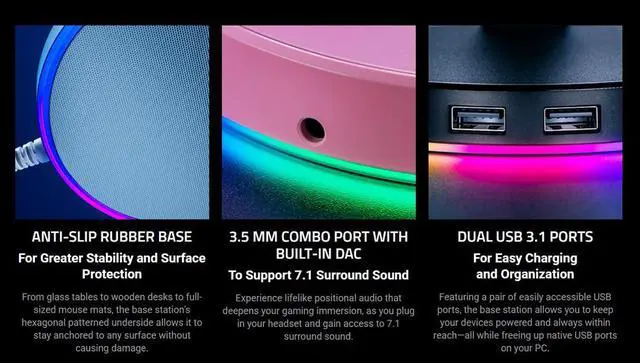 Alt view image 2 of 7 - Base Station V2 Chroma Headphone Headset Stand Holder - 2 x USB 3.1 ports - 1 x 3.5mm Port With Built-in DAC - Chroma RGB Lighting - Black