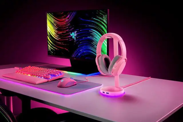 Alt view image 6 of 7 - Base Station V2 Chroma Headphone Headset Stand Holder - 2 x USB 3.1 ports - 1 x 3.5mm Port With Built-in DAC - Chroma RGB Lighting - Quartz Pink