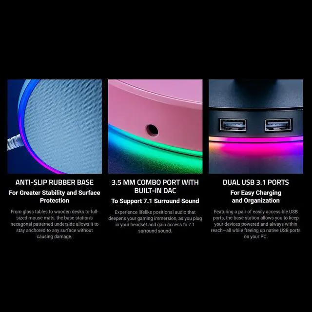 Alt view image 2 of 3 - Base Station V2 Chroma Headphone Headset Stand Holder - 2 x USB 3.1 ports - 1 x 3.5mm Port With Built-in DAC - Chroma RGB Lighting - Mercury White