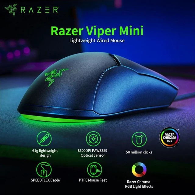 Alt view image 2 of 7 - Viper Mini Ultralight Gaming Mouse: Fastest Gaming Switches - 8500 DPI Optical Sensor - Chroma RGB Underglow Lighting - 6 Programmable Buttons - Drag-Free Cord - Classic Black