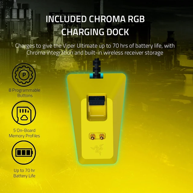 Alt view image 6 of 7 - Viper Ultimate Lightest Wireless Gaming Mouse & RGB Charging Dock: Hyperspeed Wireless Technology - 20K DPI Optical Sensor - Cyberpunk 2077 Edition