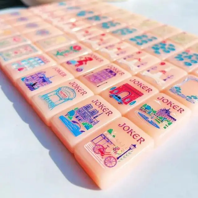 Main image of Candy Pink American Mahjong Set Floral & Architecture Pattern Acrylic Tiles Cute