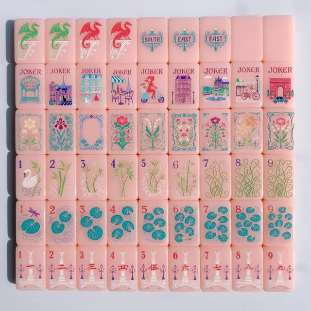 Alt view image 6 of 7 - Candy Pink American Mahjong Set Floral & Architecture Pattern Acrylic Tiles Cute
